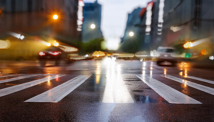 Obraz premium Blurry city street with crosswalk, cars and buildings. Wet asphalt and bokeh lights.