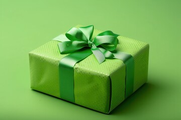 Obraz premium Green Gift Box for Celebrating Anniversary or Birthday with Brightly Colored Bow