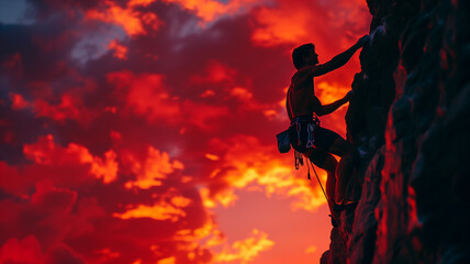 The muscular silhouette of a rock climber reaching for the next hold, with a red evening sky behind