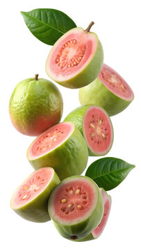 Tropical guava with vibrant green leaves, whole and sliced, PNG isolated transparent