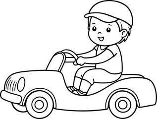 Fototapeta premium Cute Child Driving a Toy Car Coloring Page