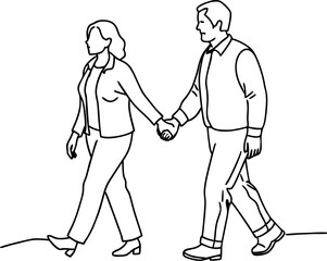 Casual Walk Hand in Hand Outline Illustration