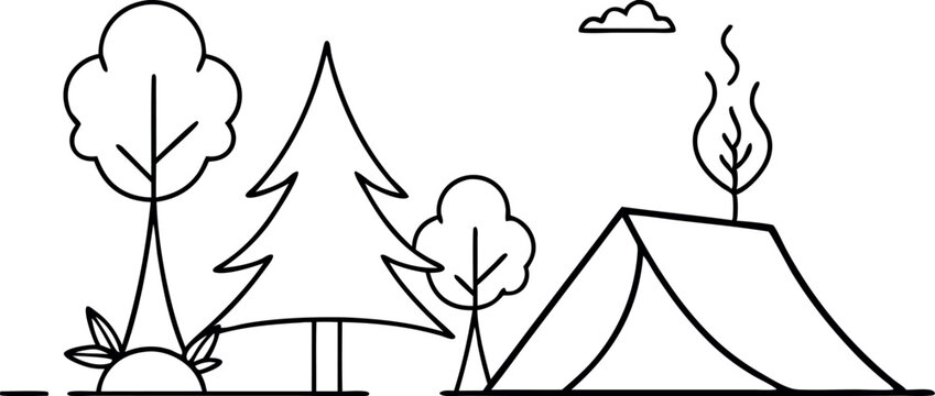 recommend clip art: Simple Line Drawing of Camping Scene with Trees and Tent