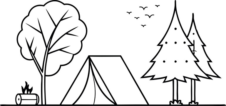 recommend clip art: Camping Scene With Tent, Trees, Campfire, And Birds