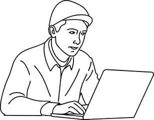 Man Working on Laptop Illustration in Black and White