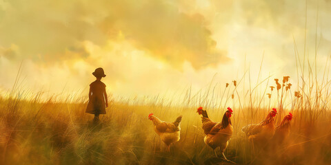 Fototapeta premium Child in Hat Watching Chickens in Golden Field at Sunset