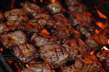 Close-up of juicy beef steaks cooking over open flames on a grill, Juicy chunks of beef, grilled over an open flame for that perfect charred flavor
