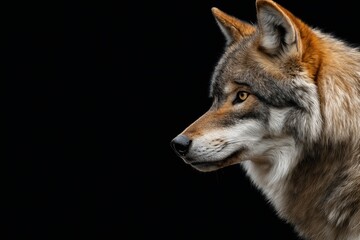 Fototapeta premium Photo of a wolf isolated against a black background, emphasising the wolf's majestic features. Wildlife and conservation concept, space for copy.