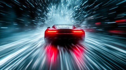 Fast car racing through a snowy landscape at night with blurred lights and trails