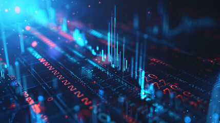 Fototapeta premium Concept of the stock market and fintech forex, featuring blurry blue digital charts over a dark 