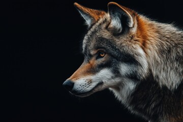 Fototapeta premium Photo of a wolf isolated against a black background, emphasising the wolf's majestic features. Wildlife and conservation concept, space for copy.