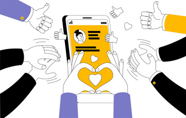 Popular social network account. Fans hands applaud. Vector illustration on the topic of promotion in social networks.