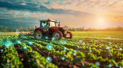Fototapeta premium Fall agriculture fields with technology graphics. Concept of technology in agriculture