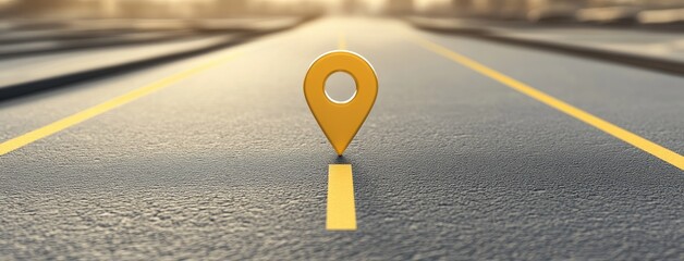A vibrant 3D cartoon location pin icon marking the route on a deserted asphalt road with a bustling city skyline ahead