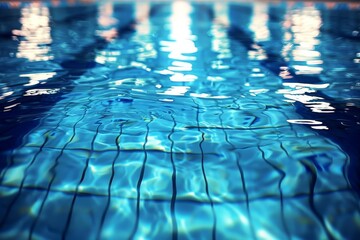 Fototapeta premium A swimming pool with lanes of blue water reflecting light, Lanes of shimmering blue water in a competition pool