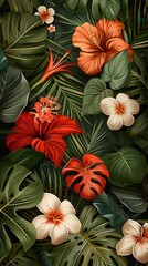 Naklejka premium Colorful tropical blooms with lush leaves fill the garden, showcasing nature's vibrant beauty