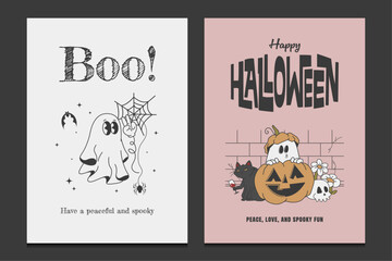 Happy Halloween greeting cards in retro style, vector illustration