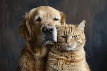Golden Retriever and Ginger Cat Close-Up in Soft Evening Light 
