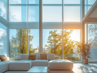 Obraz premium transparent film applied to windows that reduces UV radiation and heat, protecting indoor furniture and reducing cooling costs.