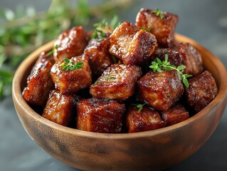 Bowl of glazed, caramelized pork belly cubes garnished with fresh herbs, ready to serve.