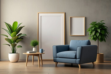 living room with blank white mock-up frame, modern interior design