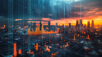 Fototapeta premium Smart digital city with connection network that is at the cutting edge of innovation in technology and business with bright, modern skyscrapers. Backgrounds for technology and charts and graphs 