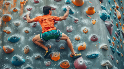 man engaged in extreme sport, indoor rock climbing wall with holds and grips