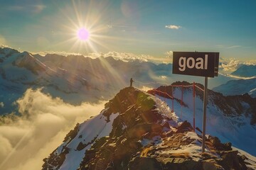 Image of a goal board sign with Goal written, positioned at the peak of a mountain