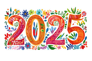 2025 Happy New Year typography text design decorated with flowers. Floral concept. 