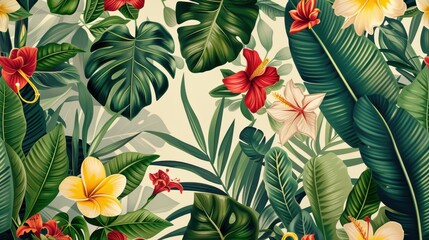 Colorful tropical flowers and lush green leaves create a lively and refreshing atmosphere