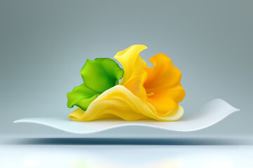 Three flowers of different colors are arranged in a vase. The yellow flower is the largest and is surrounded by two green flowers. The arrangement gives off a sense of harmony and balance