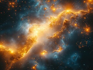 Naklejka premium vibrant image of a cosmic nebula with glowing stars and swirling gas clouds in space