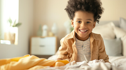 Fototapeta premium Adorable, joyful child is laughing happily while snuggled in their cozy bed, surrounded by soft blankets and a playful atmosphere