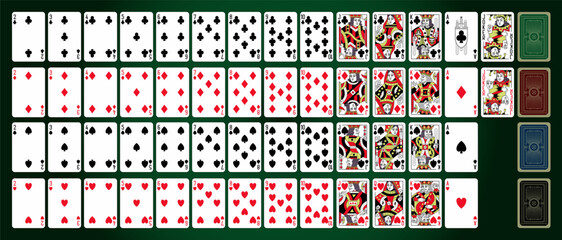 Poker playing cards, a full deck - 52 (54) cards, front and back side. Colorful design, Editable stroke, line. Set of Ace King Queen Jack Joker Spades Hearts Diamonds and Clubs. Vector illustration.