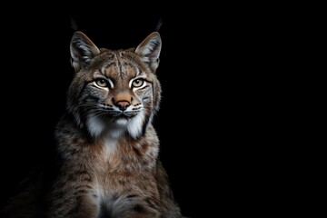 Obraz premium Photo of a lynx isolated against a black background, emphasising the lynx's majestic features. Wildlife and conservation concept, space for copy.