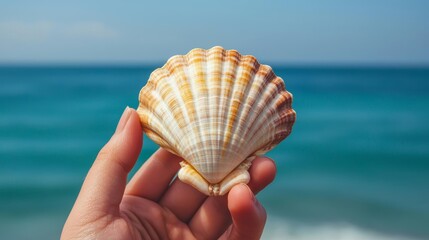 A close-up of a hand holding a seashell, with the ocean in the background