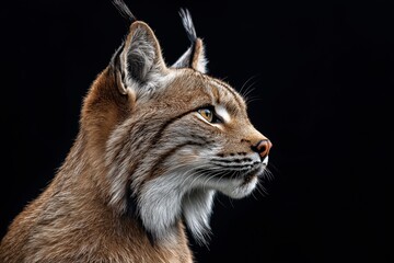 Fototapeta premium Photo of a lynx isolated against a black background, emphasising the lynx's majestic features. Wildlife and conservation concept, space for copy.