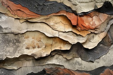 Fototapeta premium Close-up view of a rock formation showcasing an array of colors and textures blending harmoniously, Layers of textures blending together seamlessly