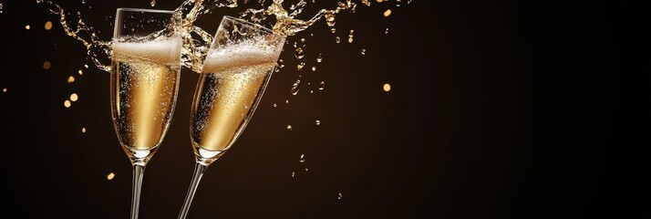 Global Champagne Day. Two glasses of sparkling wine on a black festive background. Horizontal banner. Free space for text. For holiday poster, card, invitation, wedding, birthday, party, New Year