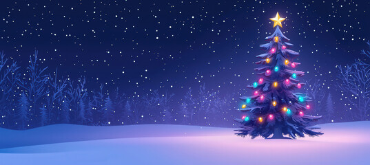 Fondo de navidad de dibujos animados, de tonos purpuras y azules, con un árbol decorado con bolas y estrella dorada, sobre una superficie nevada y fondo nocturno de bosque. nevado