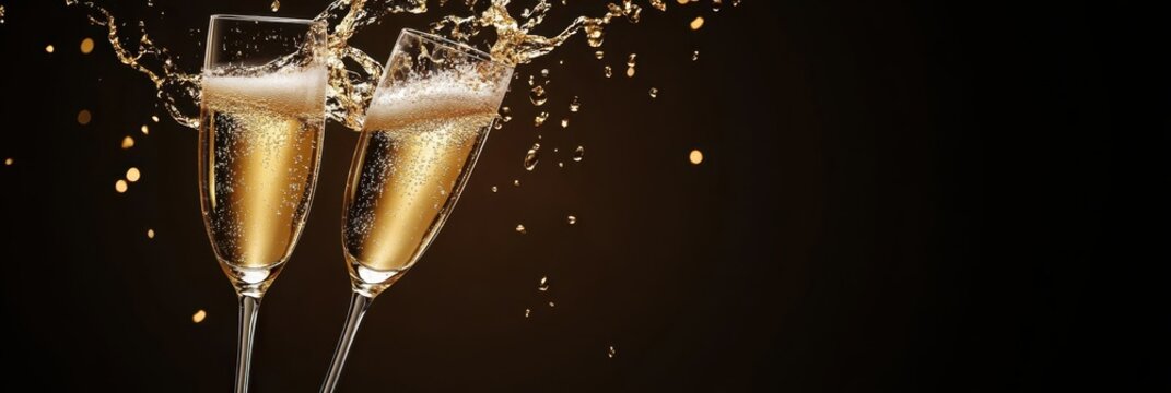 Global Champagne Day. Two glasses of sparkling wine on a black festive background. Horizontal banner. Free space for text. For holiday poster, card, invitation, wedding, birthday, party, New Year