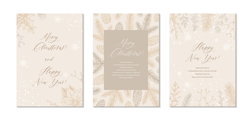 Merry Christmas and Happy New year greeting cards set. Hand drawn sketch winter postcard. Trendy holiday festive design background for invitations, certificate, social media templates