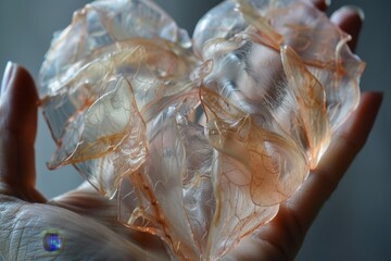 A persons hand holding a cluster of clear ice crystals, Layers of translucent tissues forming the shape of a heart