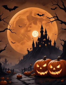 a spooly halloween scene with a large full moon in the sky haunted castle in hill, jack lantern.