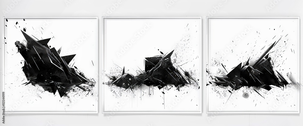 Wall mural Template of abstract wall art with a white background, black paint, line art, and dots pattern. Suitable for wall decoration, interiors, prints, and covers.