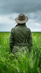 A woman in a hat stands in the field of green grass. The sky is cloudy.