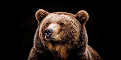 Fototapeta premium Photo of a bear isolated against a black background, emphasising the bear's majestic features. Wildlife and conservation concept, space for copy.