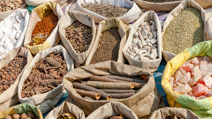 A variety of dried plants, nuts, and all kinds of herbs and spices from traditional cuisine can be found at the Pushkar fair.