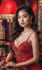 An elegant asian woman in a vibrant red dress stands confidently at a luxurious bar, surrounded by glimmering decor. She savors a cocktail while exuding charm and sophistication