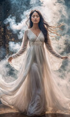 An Asian woman gracefully twirls in a flowing white gown, her hair billowing around her as soft clouds of mist envelop her in a serene forest setting, capturing a moment of magic and elegance.